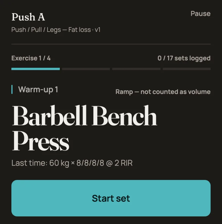 Gym Mode on a phone, showing the exercise and what you did last time