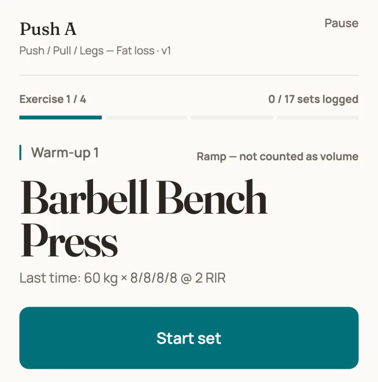 Gym Mode on a phone, showing the exercise and what you did last time